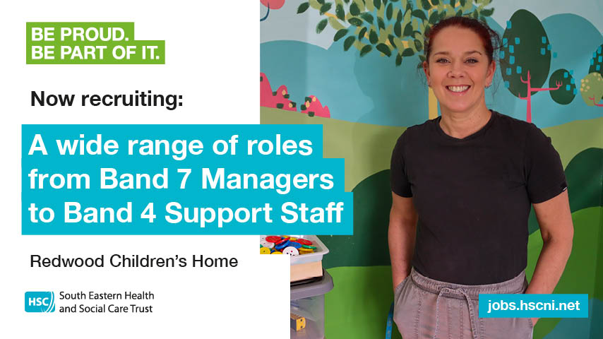 An image of a smiling woman with some text "A wide range of roles from Band 7 Managers to Band 4 Support Staff"